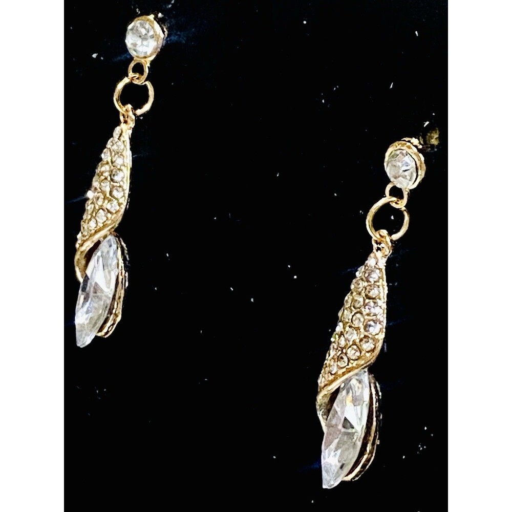 Vintage Crystal Dangle Earrings Gold Tone Marquise Rhinestone Drop 80s 90s